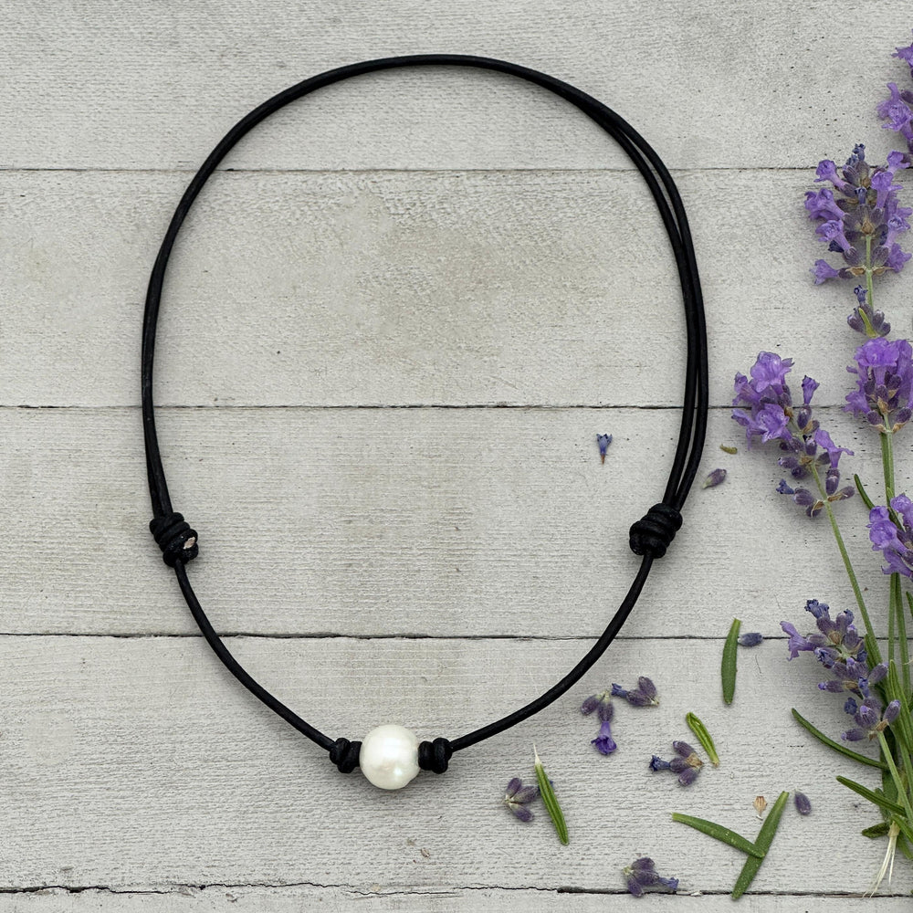 Leather & Pearl Necklace – Large 11-12mm Round Pearl - Adjustable with Black or Brown Cord - SunlightSilver