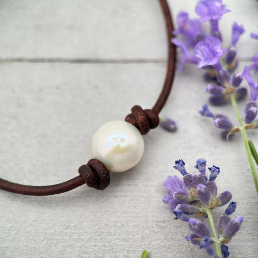 Leather & Pearl Necklace – Large 11-12mm Round Pearl - Adjustable with Black or Brown Cord - SunlightSilver