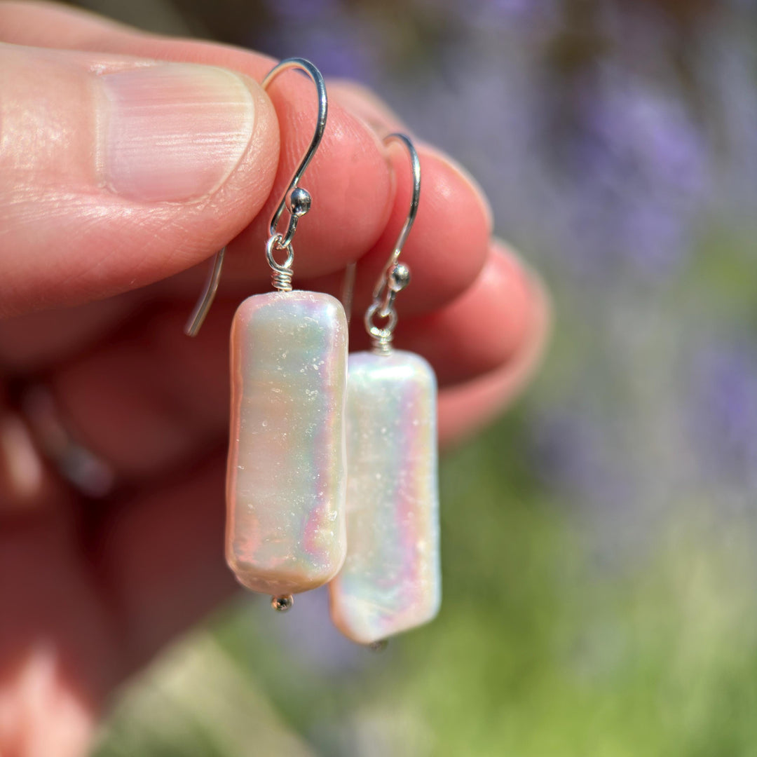 White Rectangle Pearl Earrings – Freshwater Pearls & Solid 925 Sterling Silver - Large, Thick, Lustrous Nacre and Orient - SunlightSilver