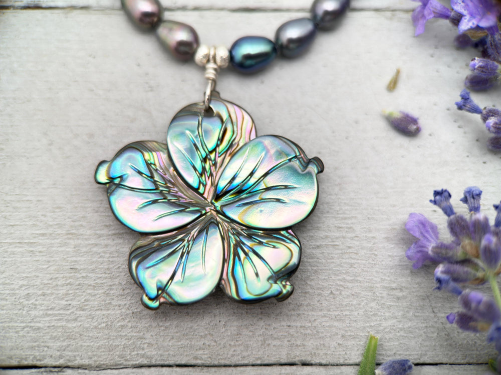 Peacock Pearl Necklace with Abalone Flower Pendant – Solid 925 Sterling Silver – 4x6mm Rainbow Colorful Pearls - SunlightSilver