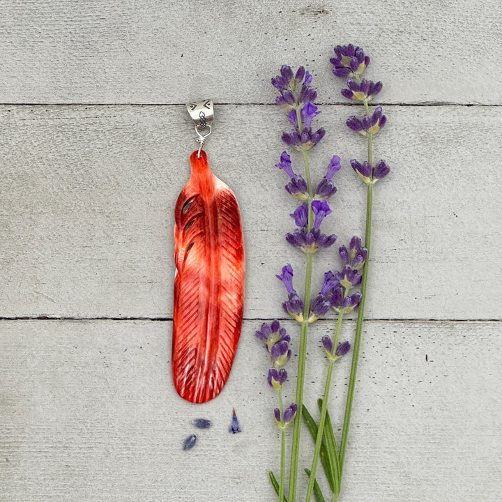 Large Carved Red Spiny Oyster Feather and Sterling Silver Pendant - SunlightSilver