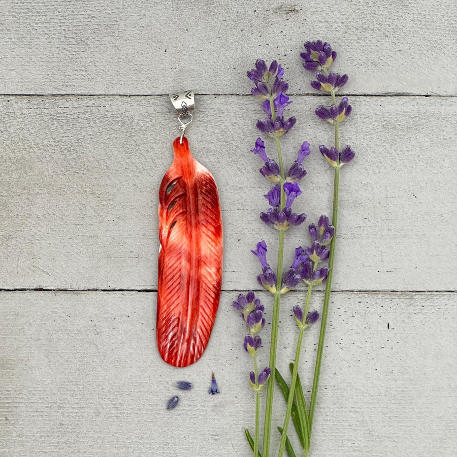 Large Carved Red Spiny Oyster Feather and Sterling Silver Pendant - SunlightSilver