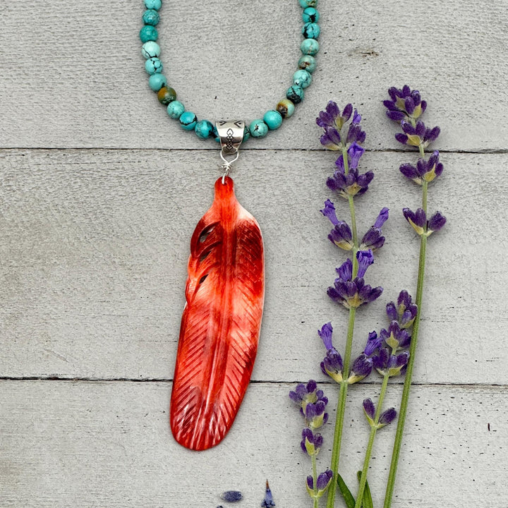 Large Carved Red Spiny Oyster Feather and Sterling Silver Pendant - SunlightSilver