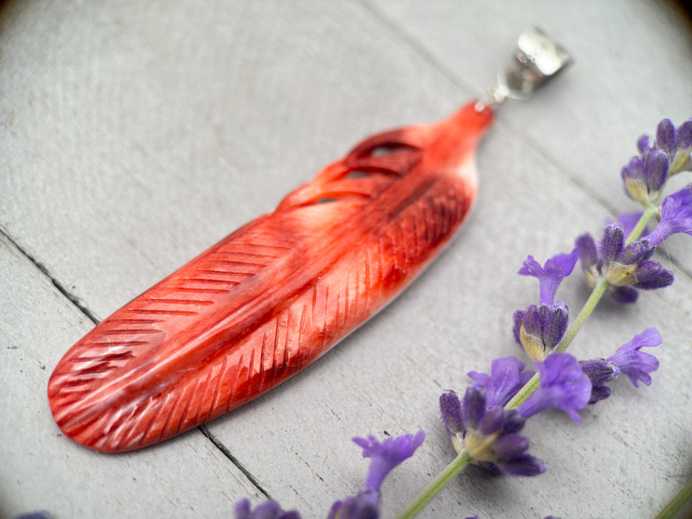 Large Carved Red Spiny Oyster Feather and Sterling Silver Pendant - SunlightSilver