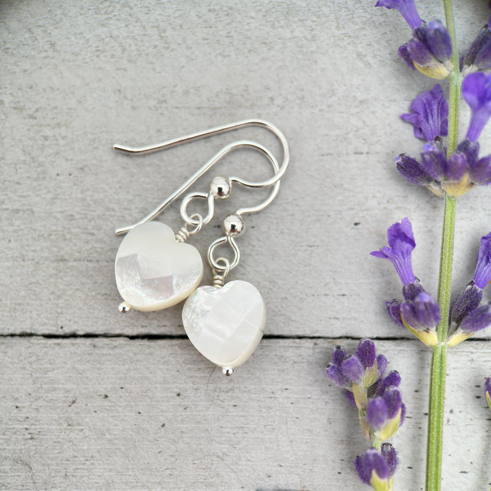 White Mother of Pearl Heart Sterling Silver Earrings - SunlightSilver