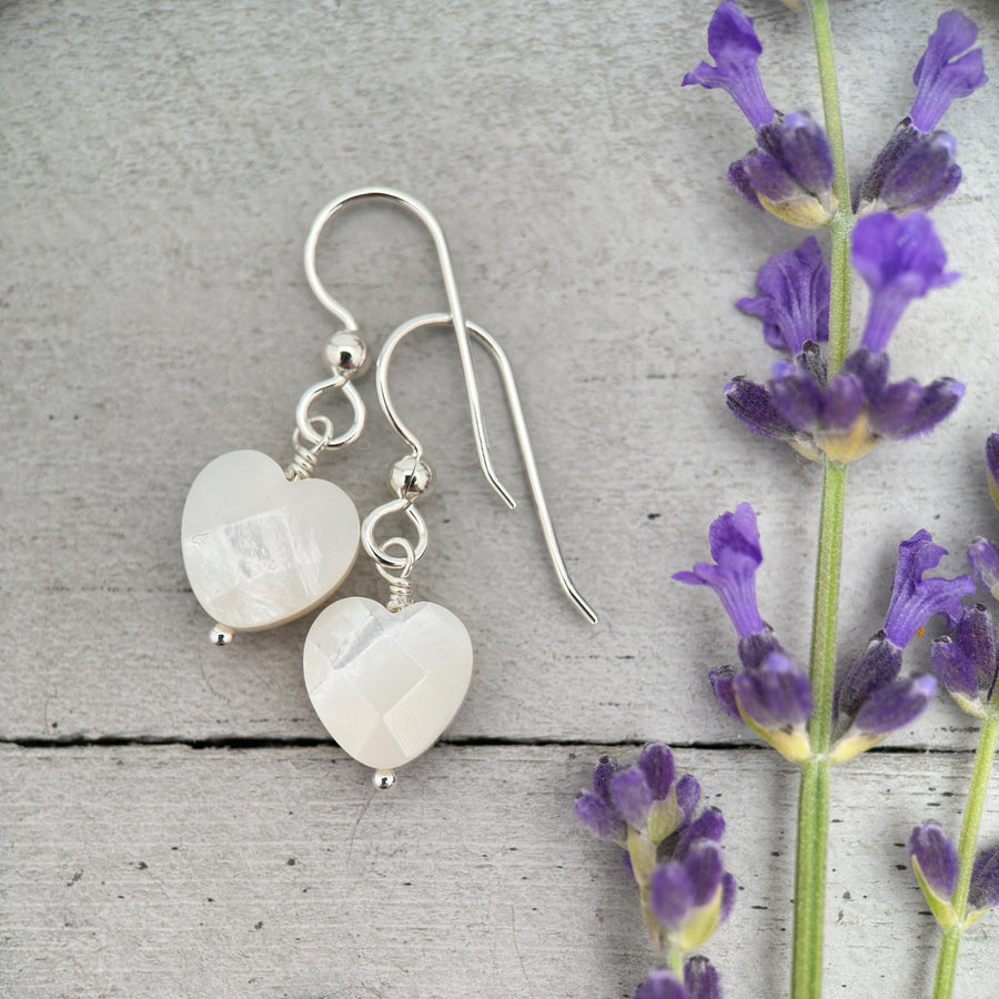 White Mother of Pearl Heart Sterling Silver Earrings - SunlightSilver