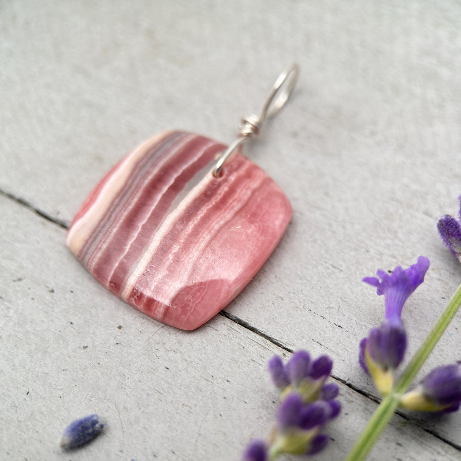 Banded Pink Rhodochrosite Sterling Silver Pendant - SunlightSilver