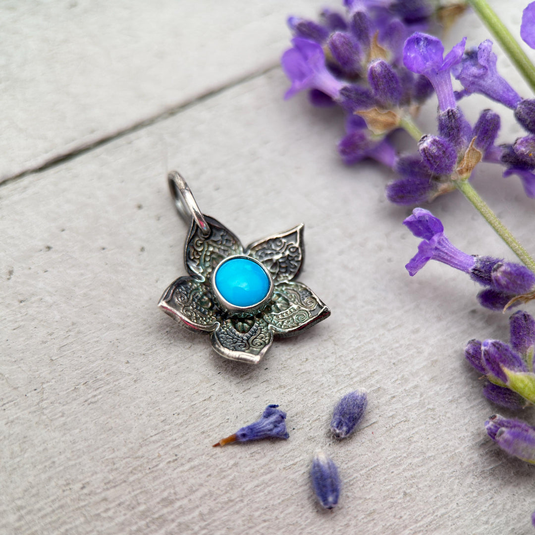 Small Blue Ridge Turquoise and Sterling Silver Flower Charm Necklace - SunlightSilver