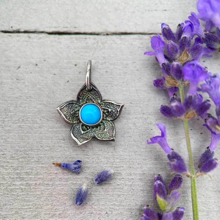 Small Blue Ridge Turquoise and Sterling Silver Flower Charm Necklace - SunlightSilver