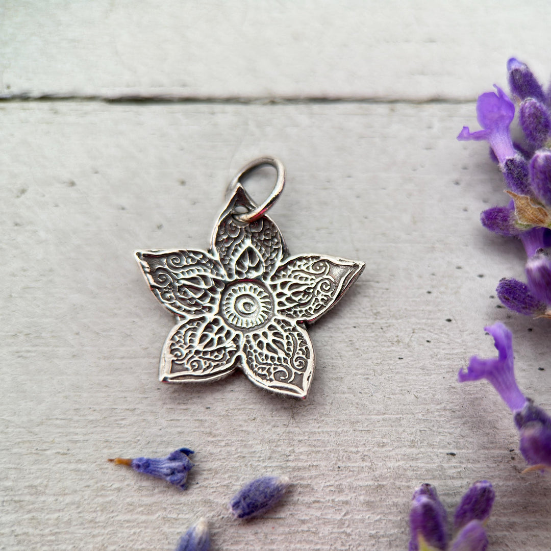 Small Sterling Silver Flower Pendant – Textured Silver Charm – Handmade Minimalist Layering Jewelry – Dainty Floral Gift for Her - SunlightSilver