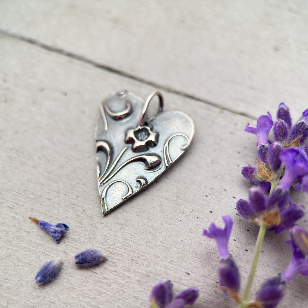 Silver Heart Necklace with Floral Design Solid 925 Sterling Silver Pendant - SunlightSilver