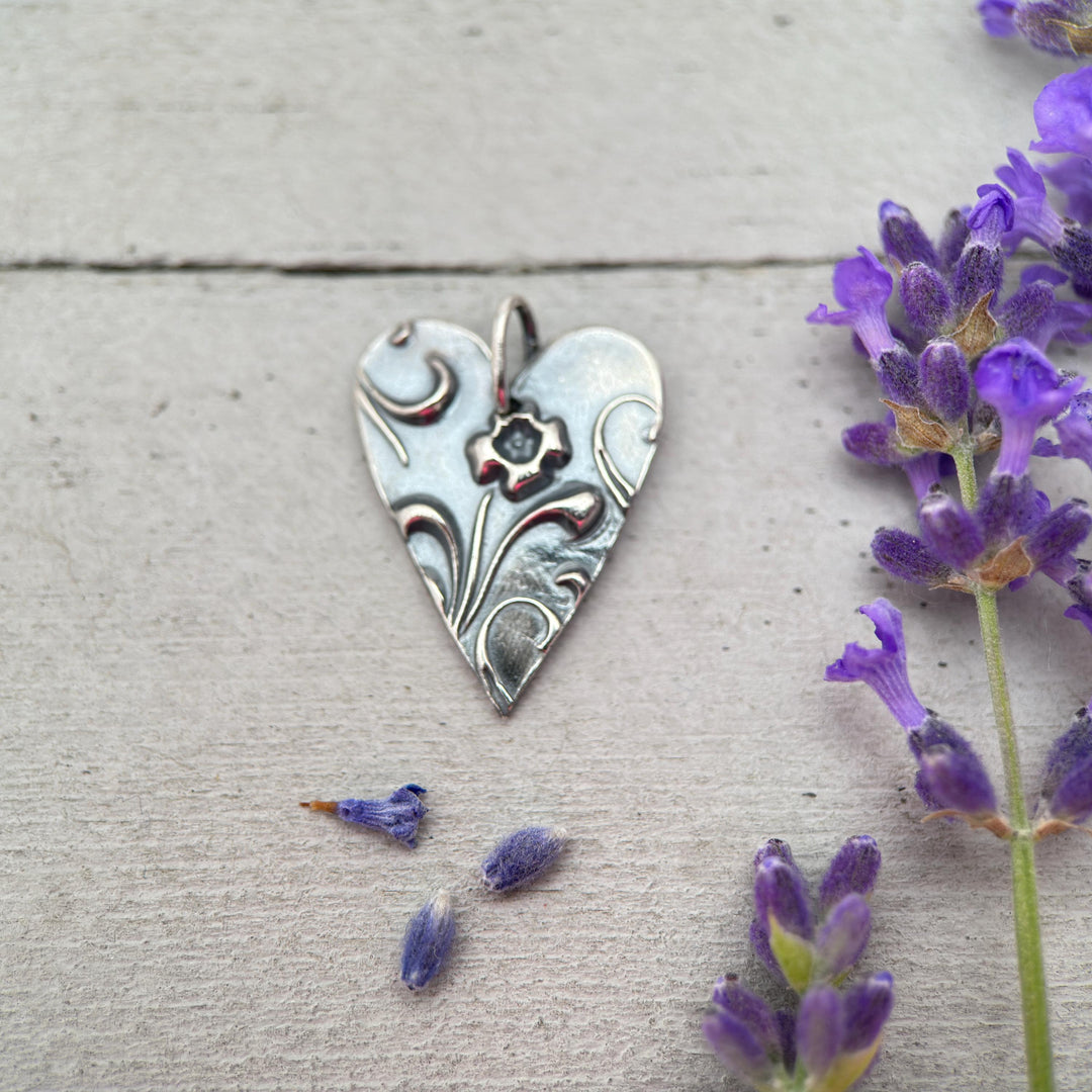 Silver Heart Necklace with Floral Design Solid 925 Sterling Silver Pendant - SunlightSilver