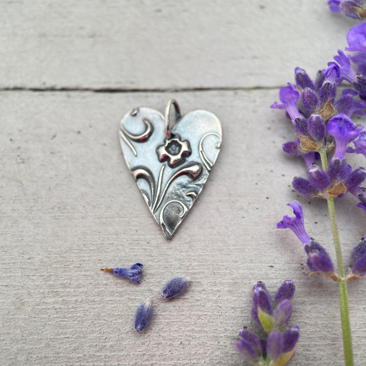 Silver Heart Necklace with Floral Design Solid 925 Sterling Silver Pendant - SunlightSilver