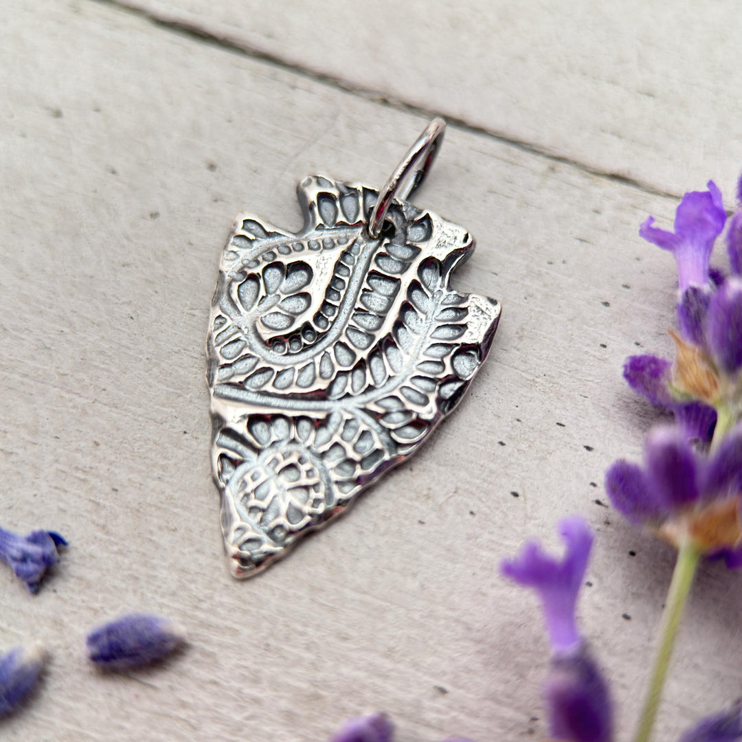Small Sterling Silver Arrowhead Pendant – Hand Stamped Paisley Boho Silver Charm – Protective Amulet – Gift for Her or Him - SunlightSilver