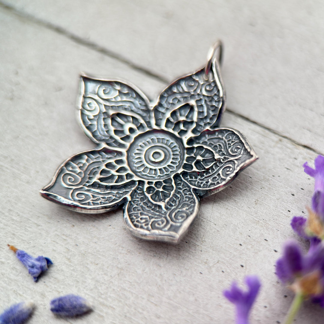 Large Sterling Silver Flower Necklace. Solid 925 Sterling Silver Paisley Flower Pendant. Big Bohemian Mandala Flower Necklace. - SunlightSilver