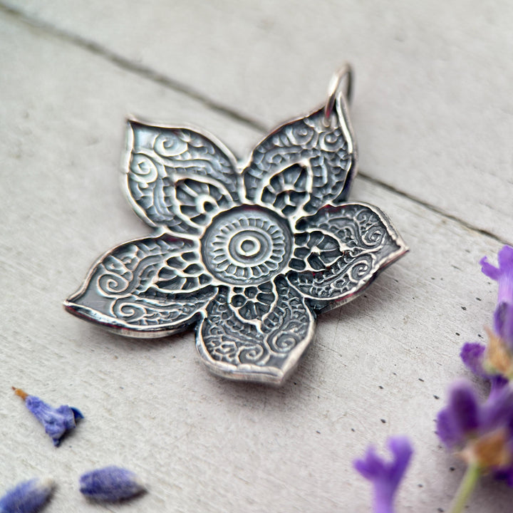 Large Sterling Silver Flower Necklace. Solid 925 Sterling Silver Paisley Flower Pendant. Big Bohemian Mandala Flower Necklace. - SunlightSilver