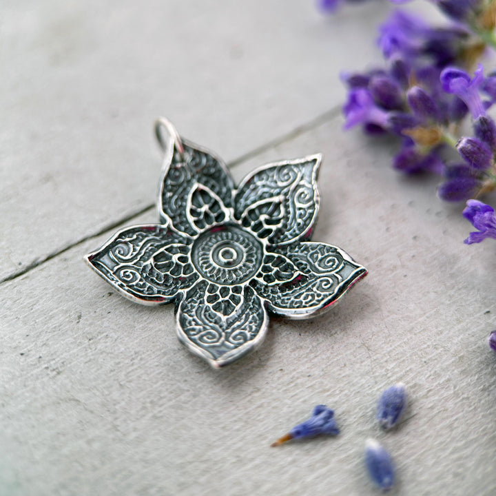 Large Sterling Silver Flower Necklace. Solid 925 Sterling Silver Paisley Flower Pendant. Big Bohemian Mandala Flower Necklace. - SunlightSilver