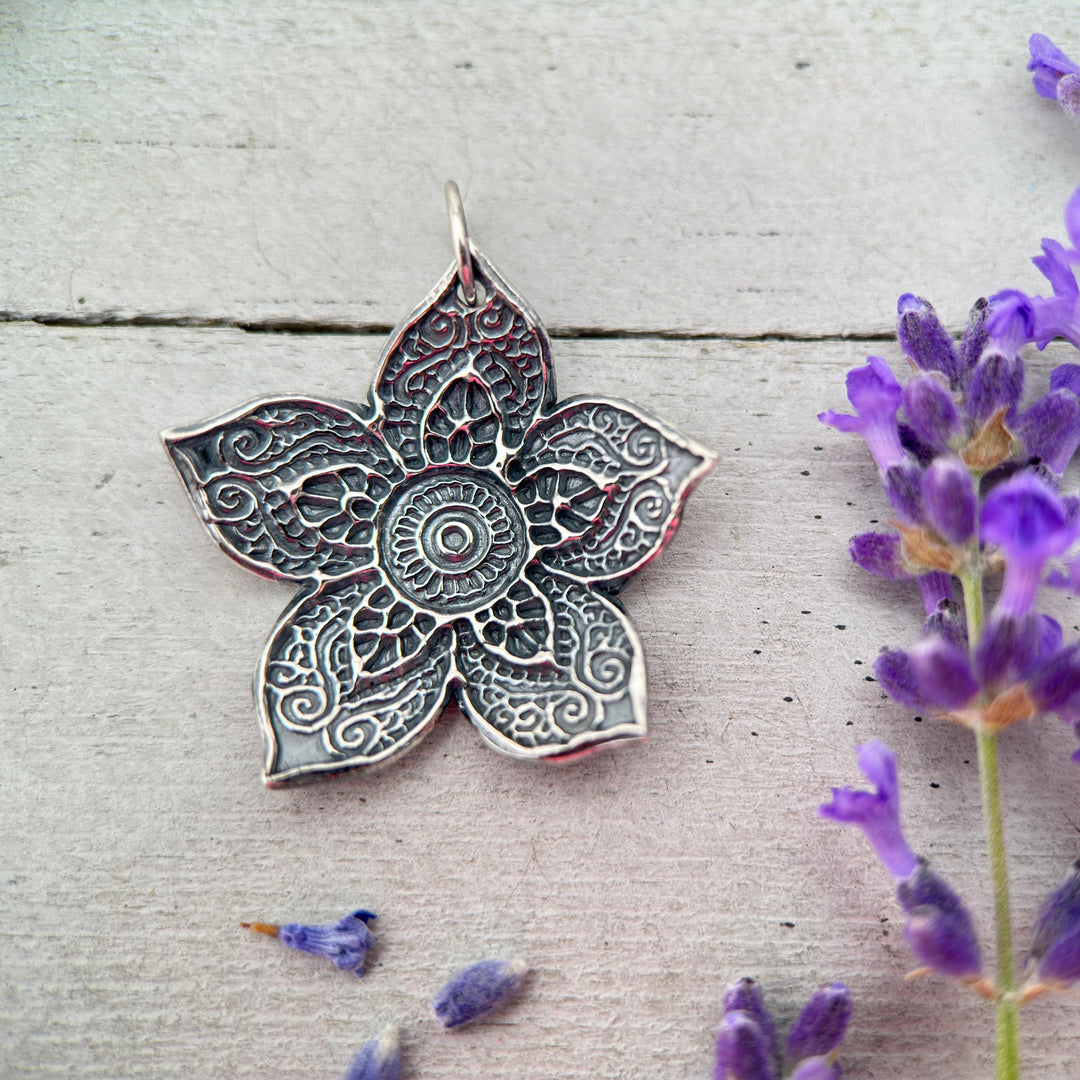 Large Sterling Silver Flower Necklace. Solid 925 Sterling Silver Paisley Flower Pendant. Big Bohemian Mandala Flower Necklace. - SunlightSilver