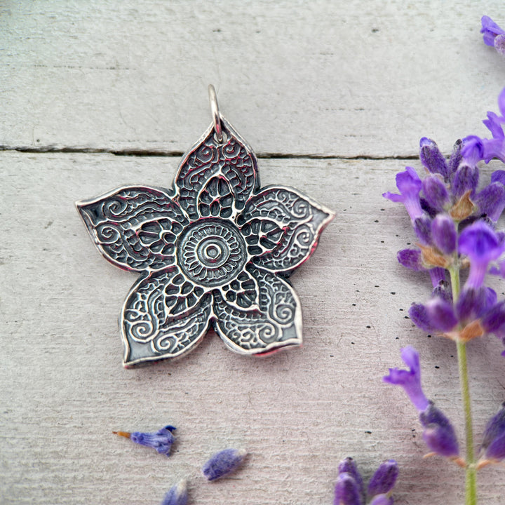 Large Sterling Silver Flower Necklace. Solid 925 Sterling Silver Paisley Flower Pendant. Big Bohemian Mandala Flower Necklace. - SunlightSilver