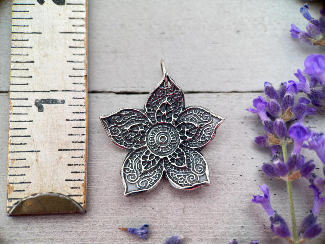 Large Sterling Silver Flower Necklace. Solid 925 Sterling Silver Paisley Flower Pendant. Big Bohemian Mandala Flower Necklace. - SunlightSilver