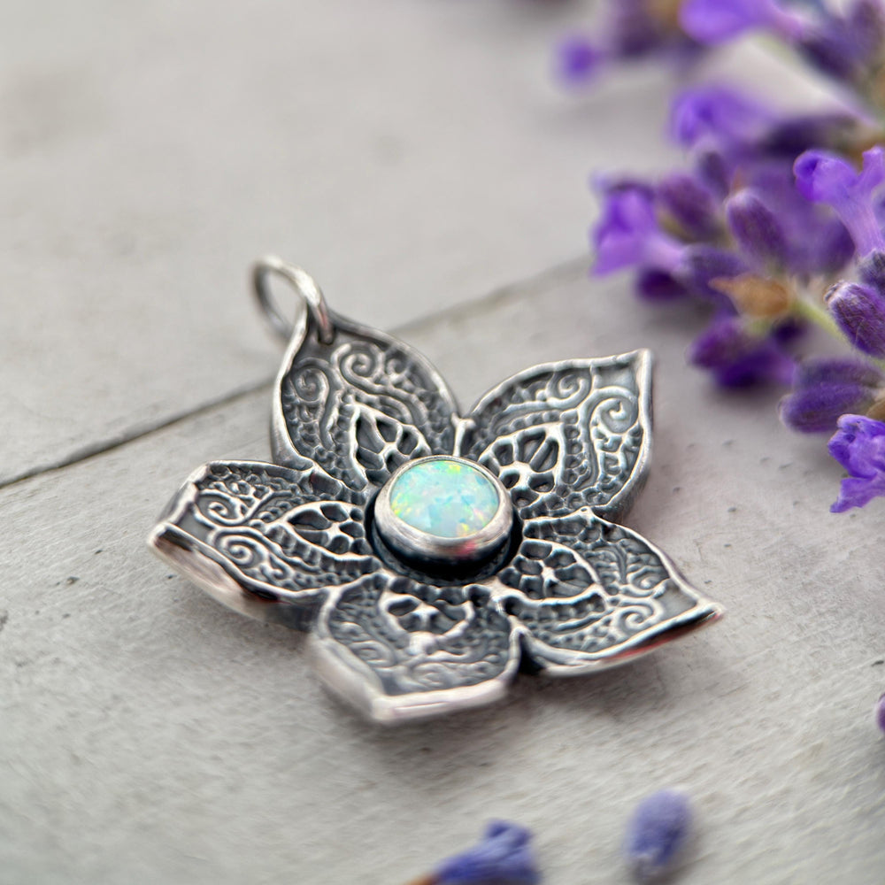 Opal and Sterling Silver Flower Necklace - SunlightSilver