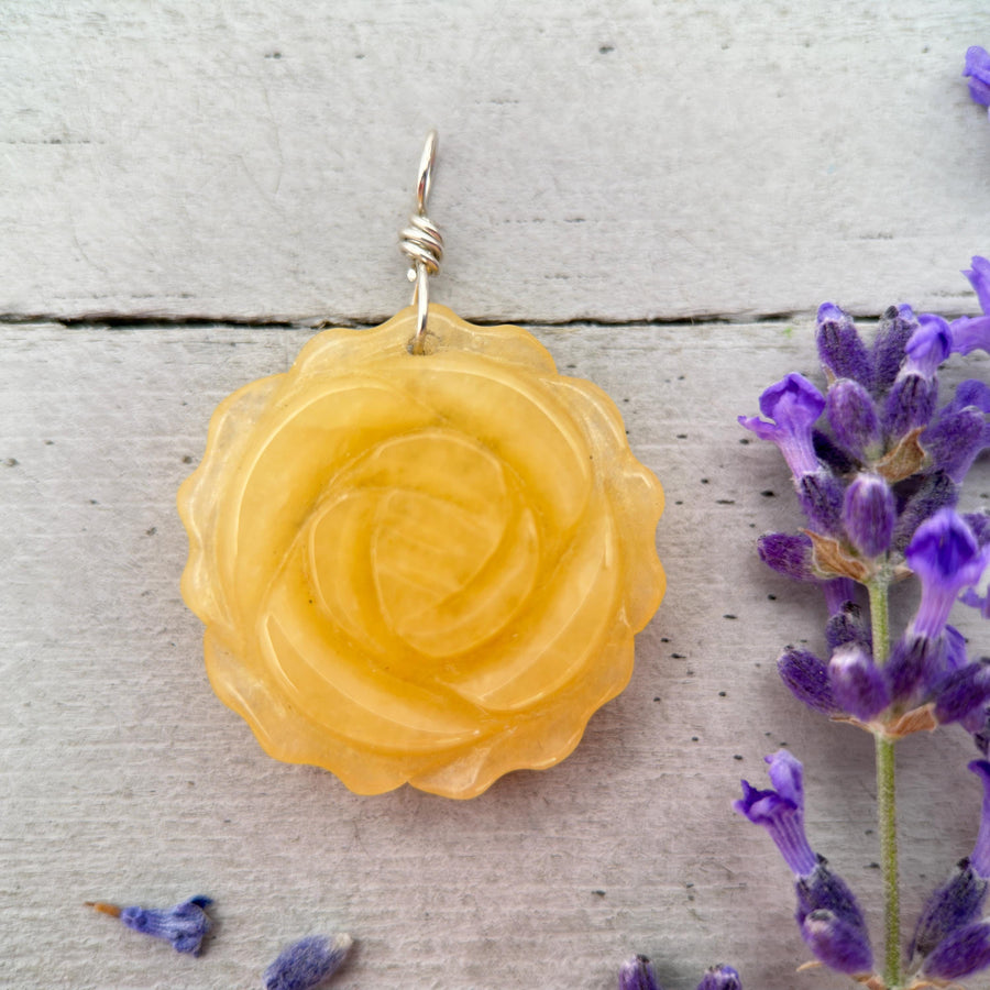 Carved Yellow Jade Flower and Sterling Silver Bee Charm Necklace - SunlightSilver
