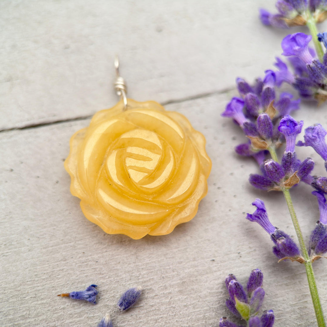 Carved Yellow Jade Flower and Sterling Silver Bee Charm Necklace - SunlightSilver
