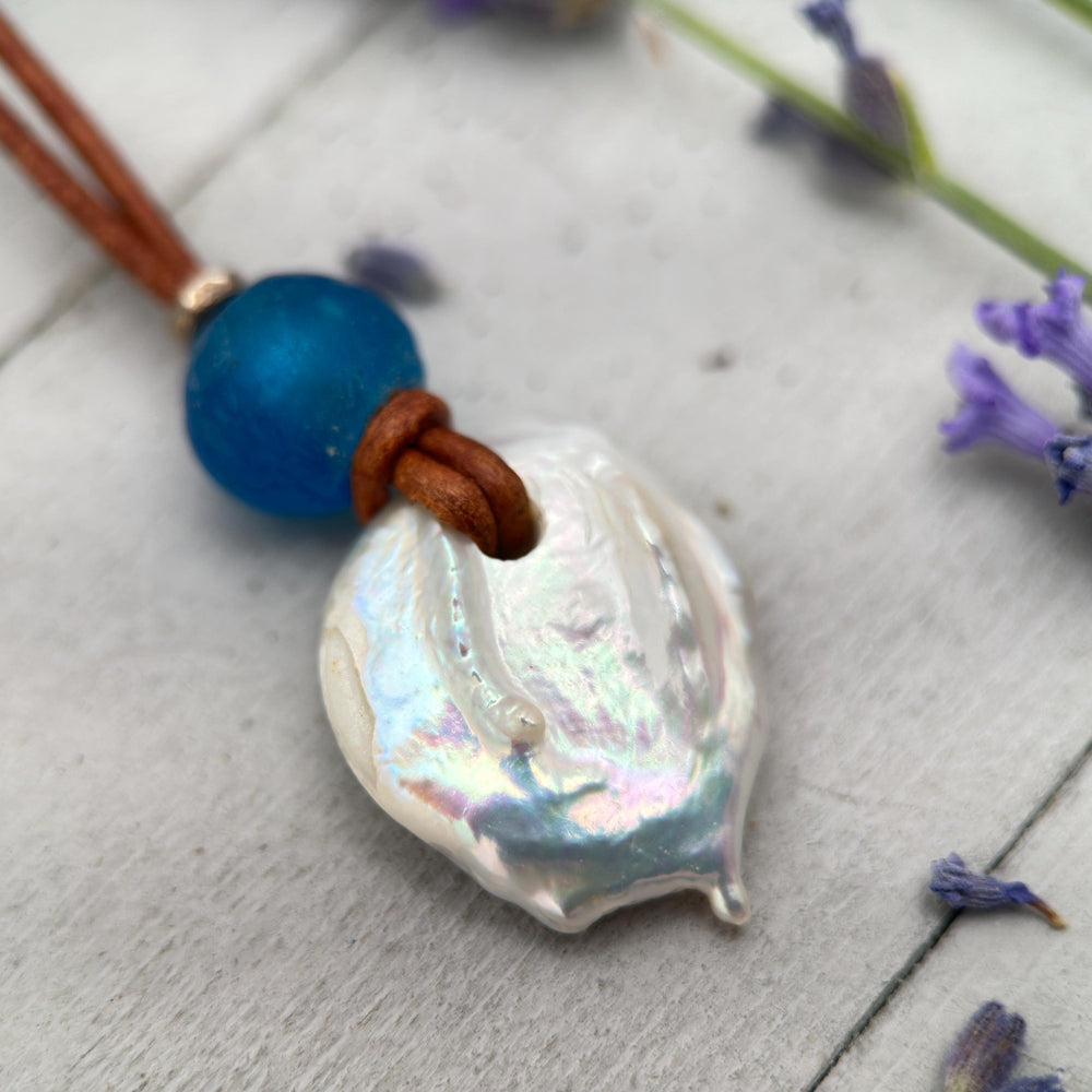 Freshwater Pearl Adjustable Leather Necklace with Sterling Silver and African Recycled Blue Glass - SunlightSilver