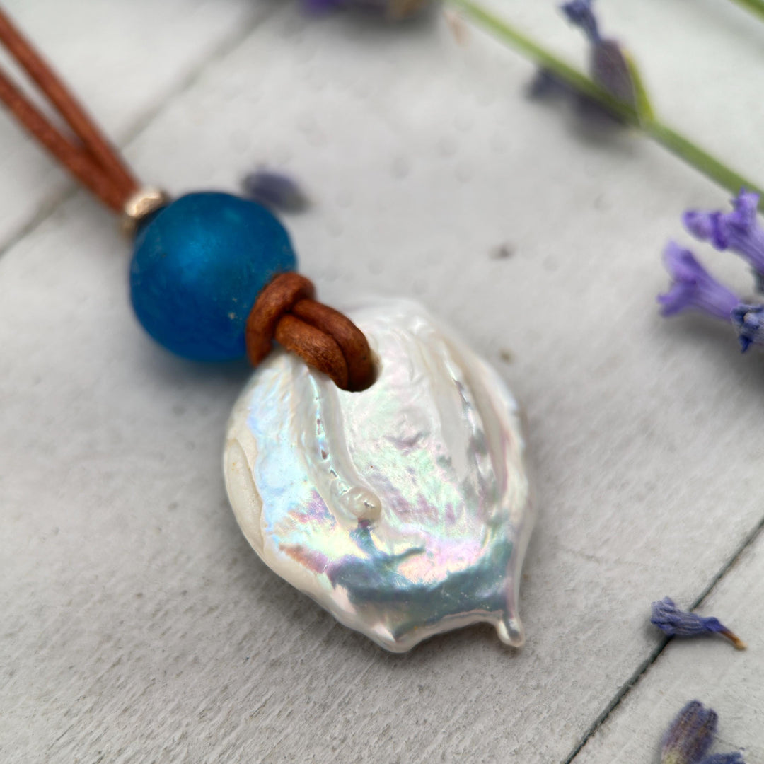 Freshwater Pearl Adjustable Leather Necklace with Sterling Silver and African Recycled Blue Glass - SunlightSilver