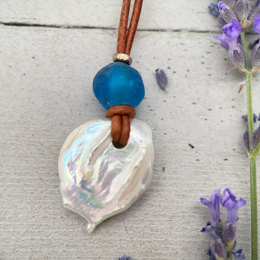 Freshwater Pearl Adjustable Leather Necklace with Sterling Silver and African Recycled Blue Glass - SunlightSilver