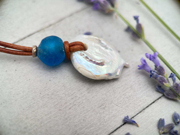Freshwater Pearl Adjustable Leather Necklace with Sterling Silver and African Recycled Blue Glass - SunlightSilver