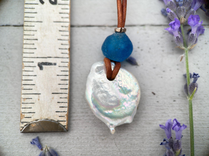 Freshwater Pearl Adjustable Leather Necklace with Sterling Silver and African Recycled Blue Glass - SunlightSilver