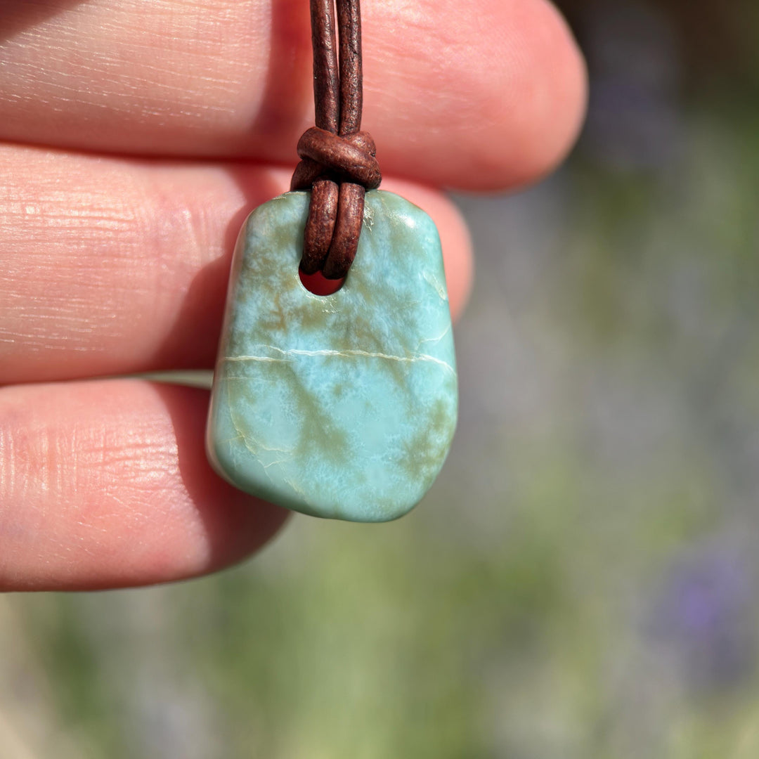 Larimar Crystal and Rustic Brown Leather Necklace - SunlightSilver