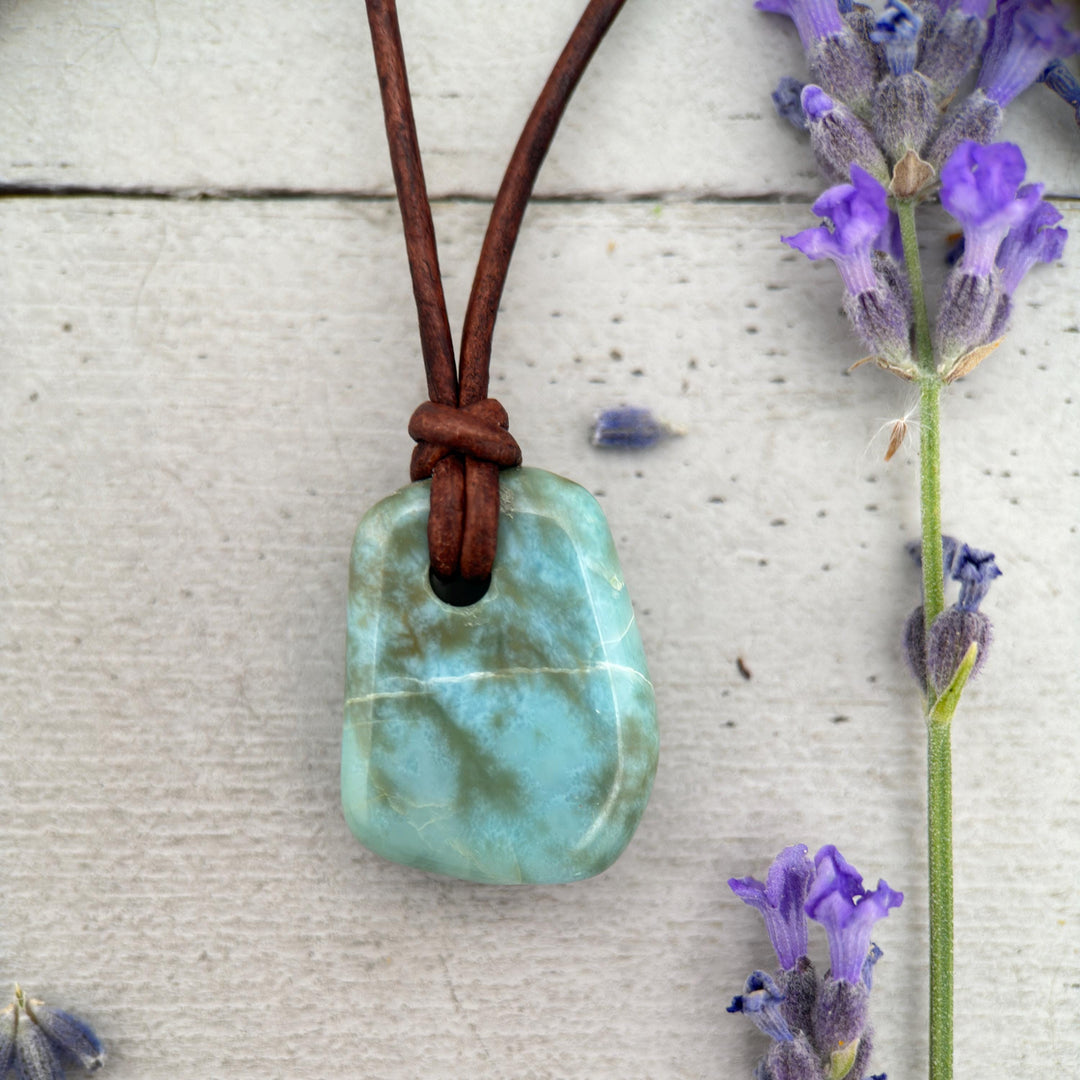 Larimar Crystal and Rustic Brown Leather Necklace - SunlightSilver