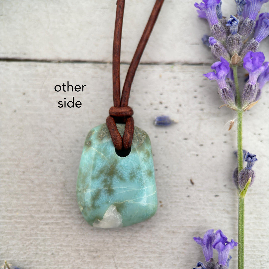 Larimar Crystal and Rustic Brown Leather Necklace - SunlightSilver