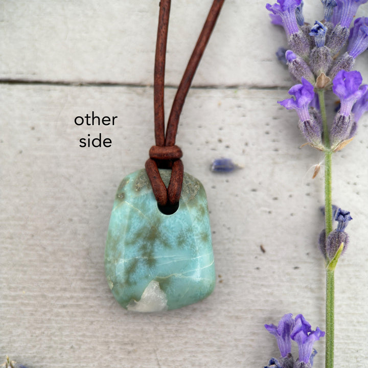 Larimar Crystal and Rustic Brown Leather Necklace - SunlightSilver