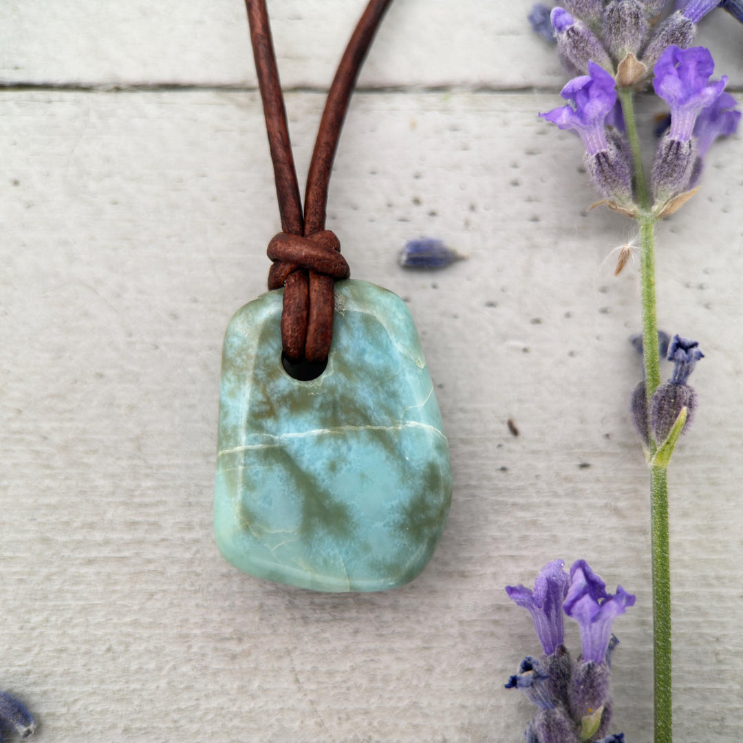 Larimar Crystal and Rustic Brown Leather Necklace - SunlightSilver