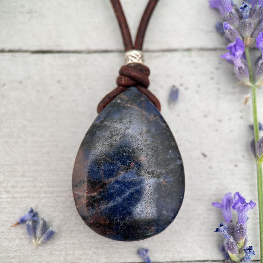 Sodalite Pendant Leather Necklace - Dark Navy Blue Healing Crystal - Rustic Brown Leather - Solid 925 Sterling Silver - SunlightSilver
