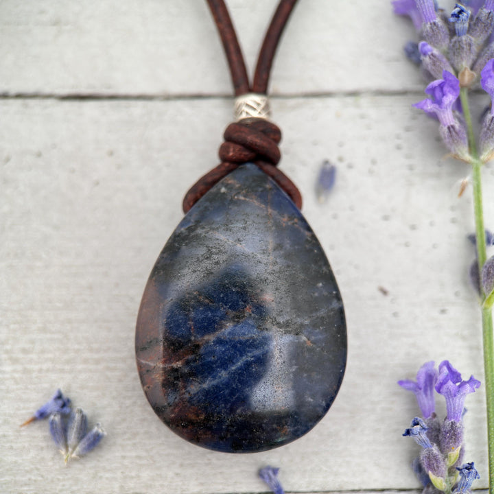 Sodalite Pendant Leather Necklace - Dark Navy Blue Healing Crystal - Rustic Brown Leather - Solid 925 Sterling Silver - SunlightSilver