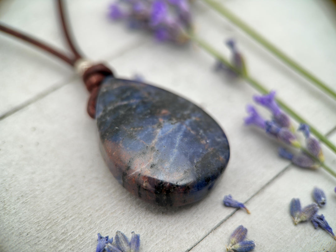 Sodalite Pendant Leather Necklace - Dark Navy Blue Healing Crystal - Rustic Brown Leather - Solid 925 Sterling Silver - SunlightSilver