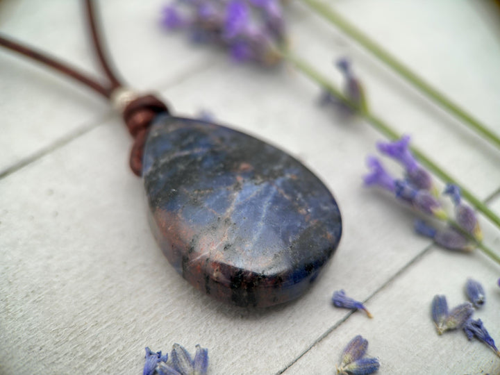Sodalite Pendant Leather Necklace - Dark Navy Blue Healing Crystal - Rustic Brown Leather - Solid 925 Sterling Silver - SunlightSilver