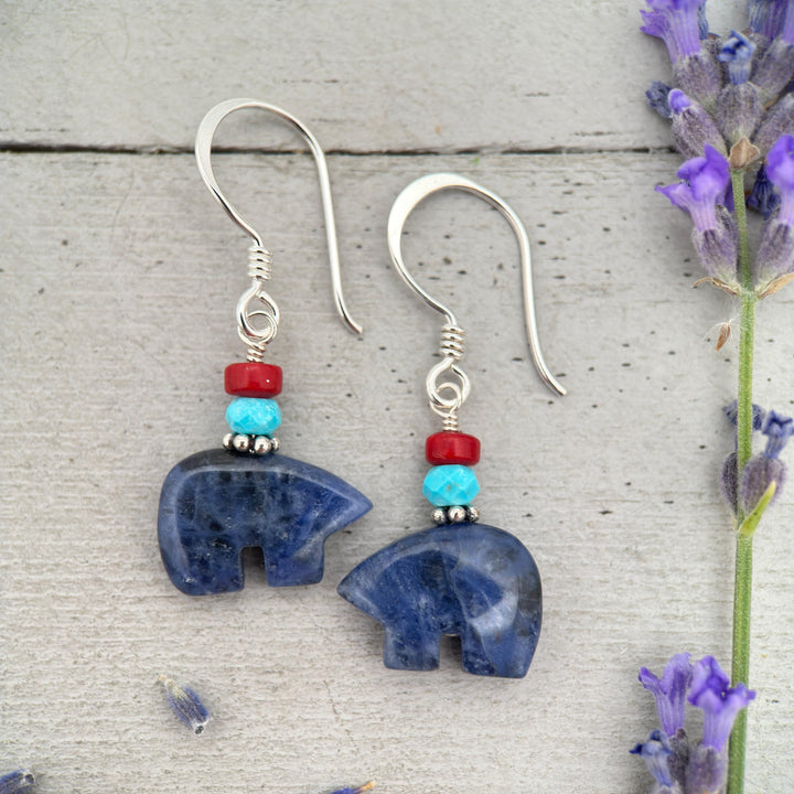 Zuni Bear Sodalite Earrings - Red Coral and Blue Turquoise Accents - Native American Fetish - Solid 925 Sterling Silver - Limited Edition - SunlightSilver