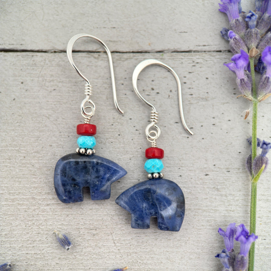 Zuni Bear Sodalite Earrings - Red Coral and Blue Turquoise Accents - Native American Fetish - Solid 925 Sterling Silver - Limited Edition - SunlightSilver