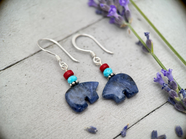 Zuni Bear Sodalite Earrings - Red Coral and Blue Turquoise Accents - Native American Fetish - Solid 925 Sterling Silver - Limited Edition - SunlightSilver
