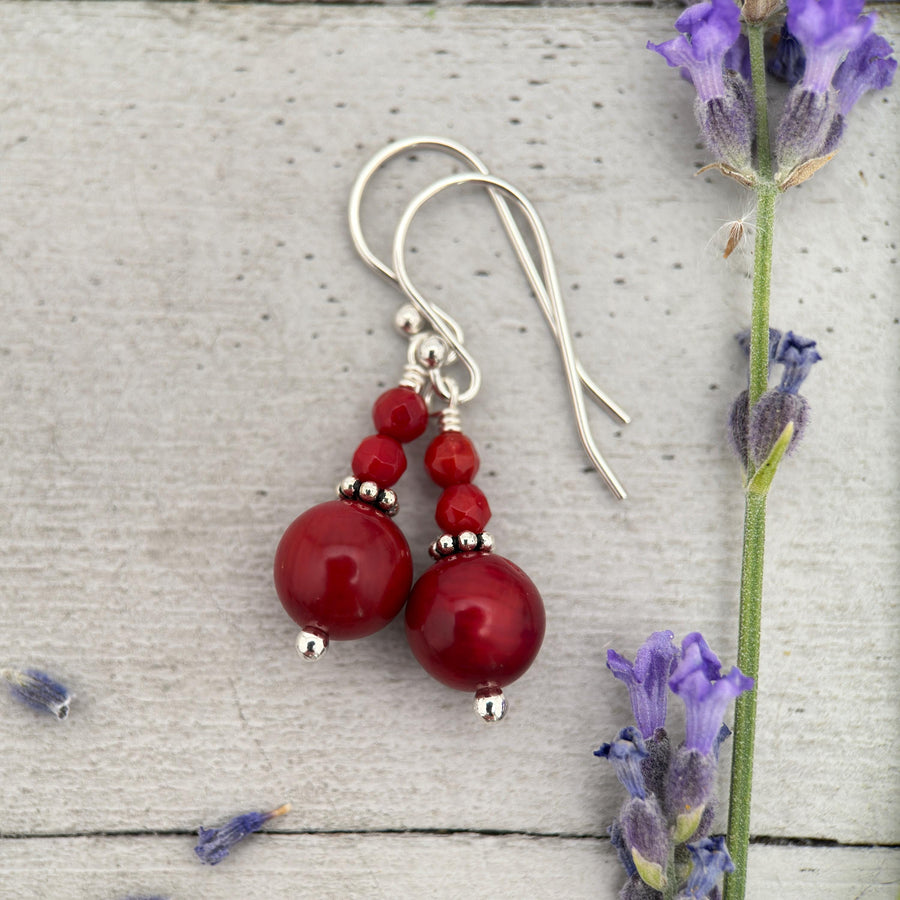 Red Coral and Sterling Silver Earrings - Bold Crimson Red Dangle Earrings - SunlightSilver