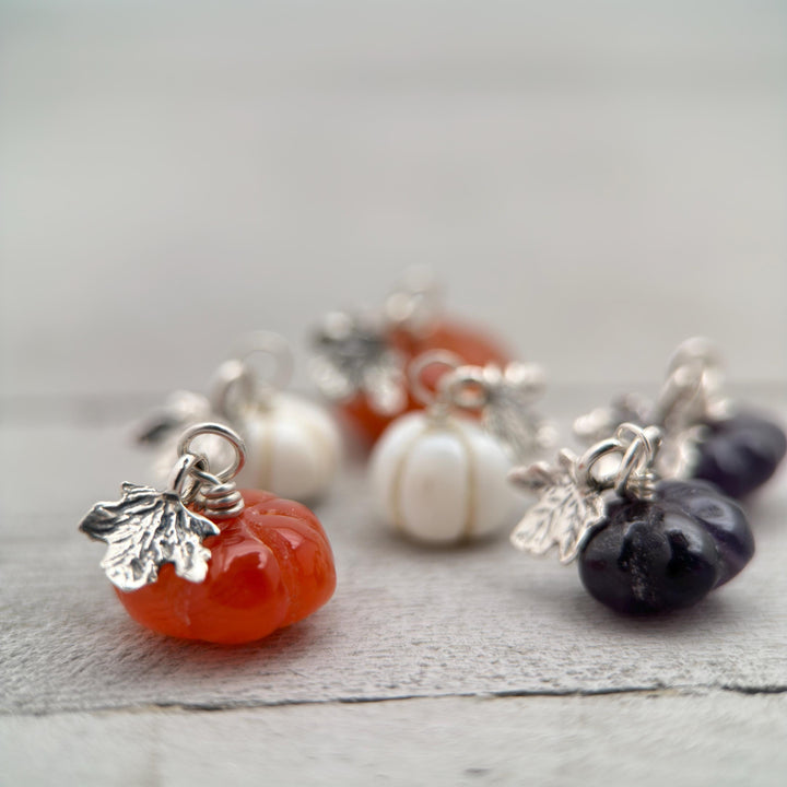 Gemstone Tiny Pumpkin and Sterling Silver Leaf Pendant - Carnelian, Amethyst, or White Opal - Fall Autumn Halloween Jewelry - SunlightSilver