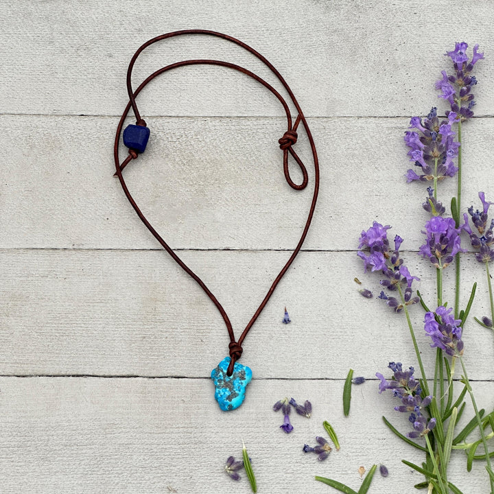 Blue Kingman Turquoise Nugget Leather Necklace - SunlightSilver