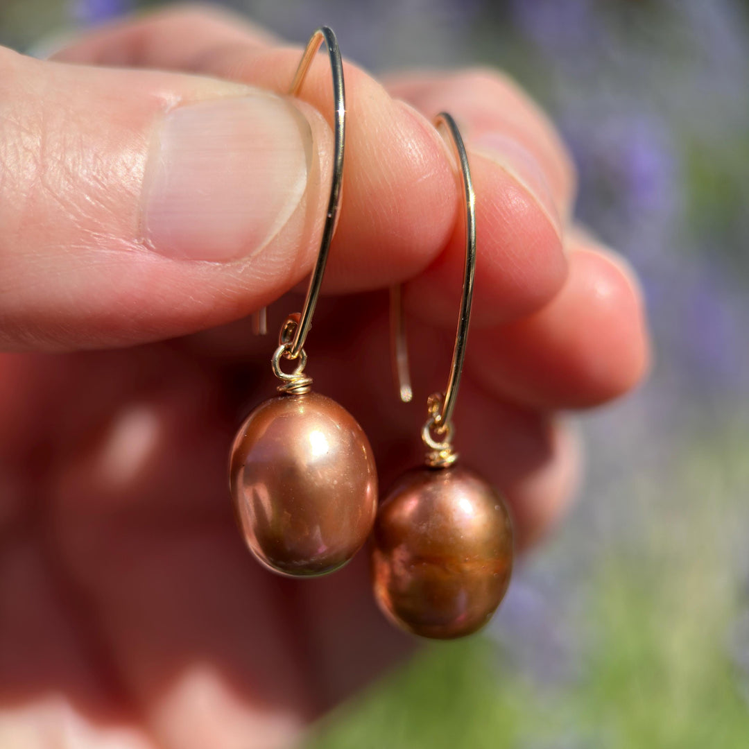 Bronze Brown Freshwater Pearl and 14k Yellow Gold Earrings - Copper Brown - SunlightSilver