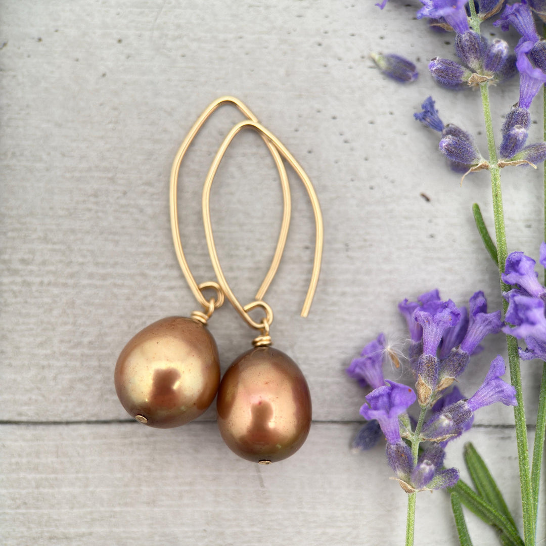 Bronze Brown Freshwater Pearl and 14k Yellow Gold Earrings - Copper Brown - SunlightSilver