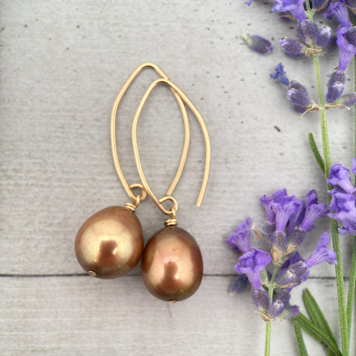 Bronze Brown Freshwater Pearl and 14k Yellow Gold Earrings - Copper Brown - SunlightSilver